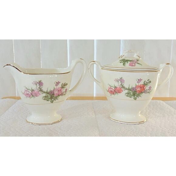VTG Homer Laughlin Eggshell Georgian Cream And Sugar Set Heather Rose Collection - Picture 1 of 11